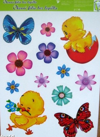 Okenní fólie kuřátka, květiny a motýlci 30x42 cm