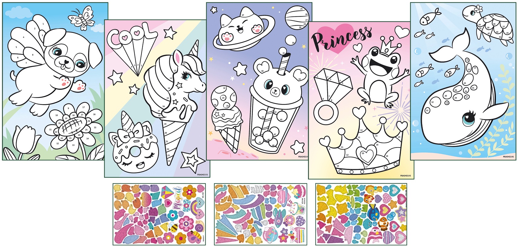 Sada na malování a lepení podle čísel 6 archů, 180 samolepek 14,5 x 25 cm