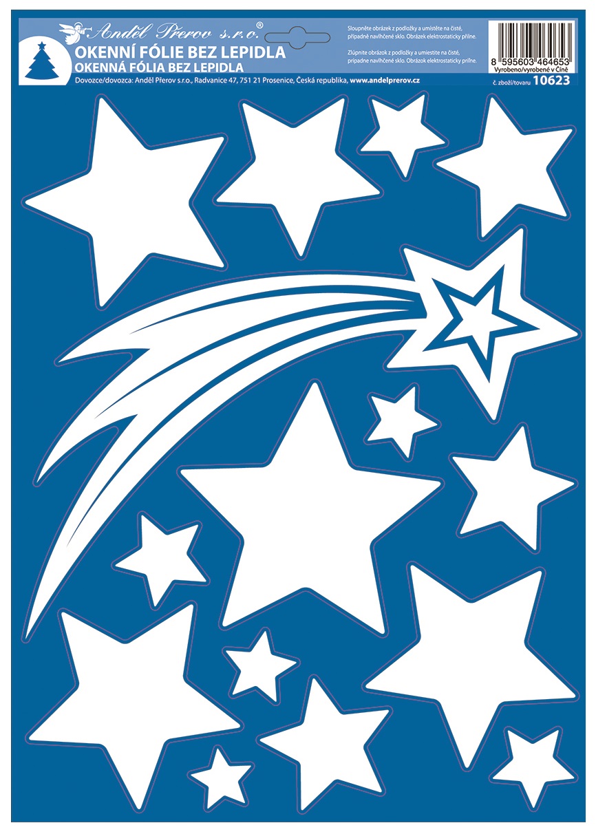 Okenní fólie bílá s glitry 29 x 41 cm komety a hvězdy
