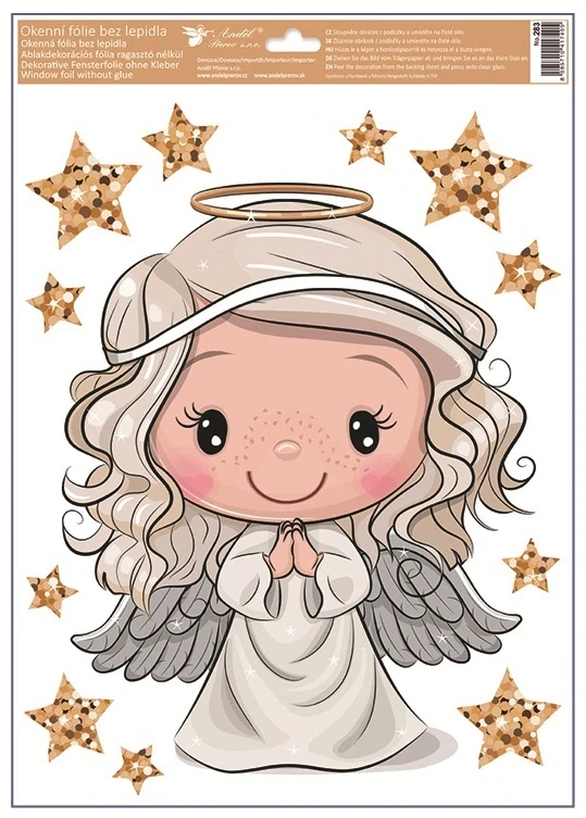 Okenní fólie andílci s glitry na obláčku 30 x 42 cm