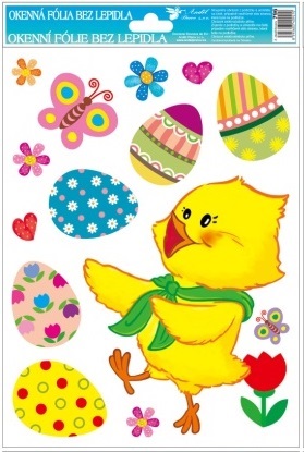 Okenní fólie s glitry velikonoční kuřátka a vejce 27x20cm
