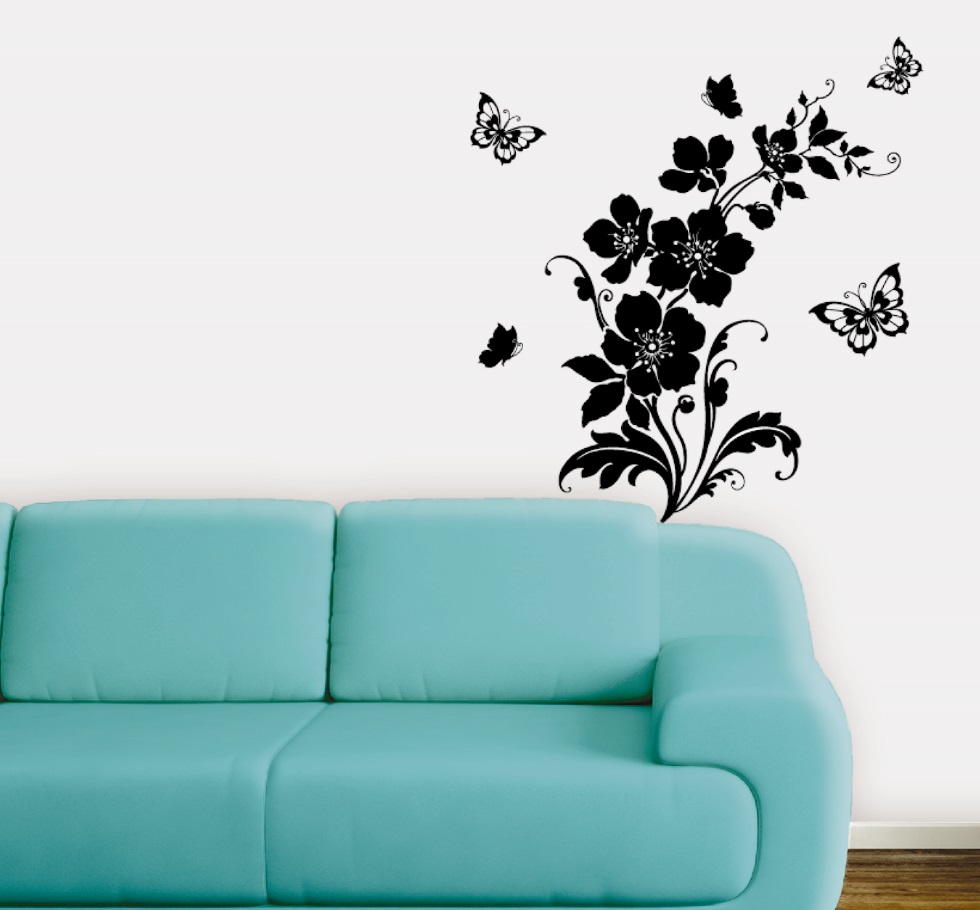 Samolepky na zeď květina s motýly černá, 60x32cm
