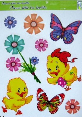 Okenní fólie kuřátka, květiny a motýlci 30x42 cm