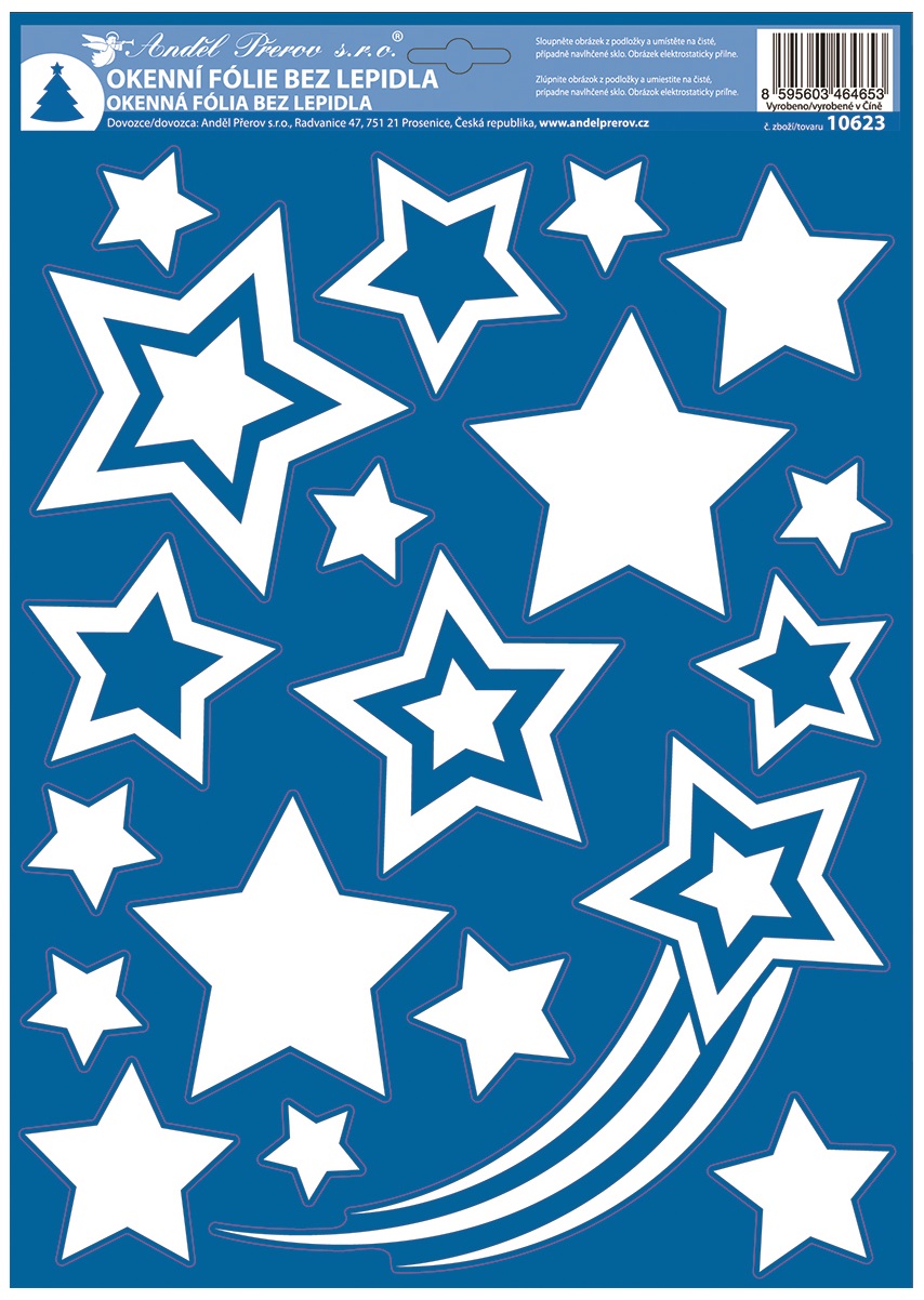Okenní fólie bílá s glitry 29 x 41 cm komety a hvězdy