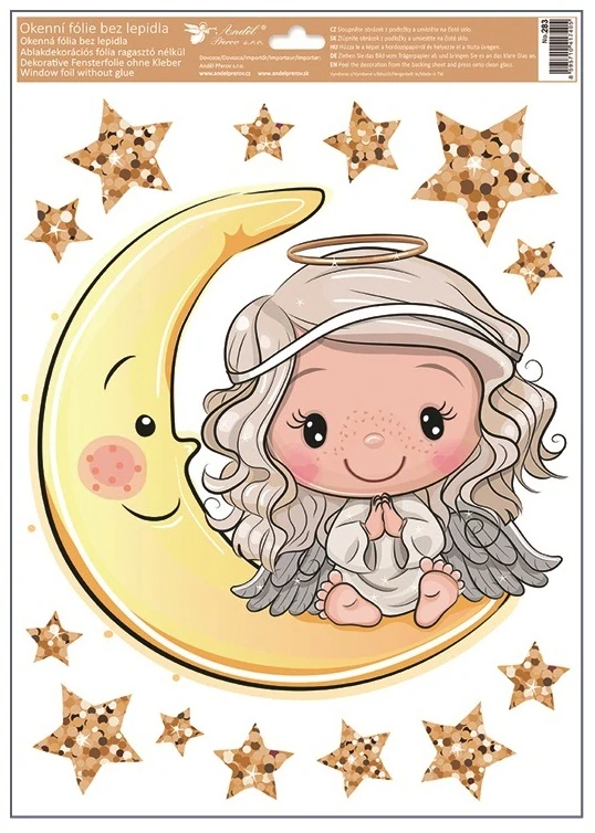 Okenní fólie andílci s glitry na obláčku 30 x 42 cm