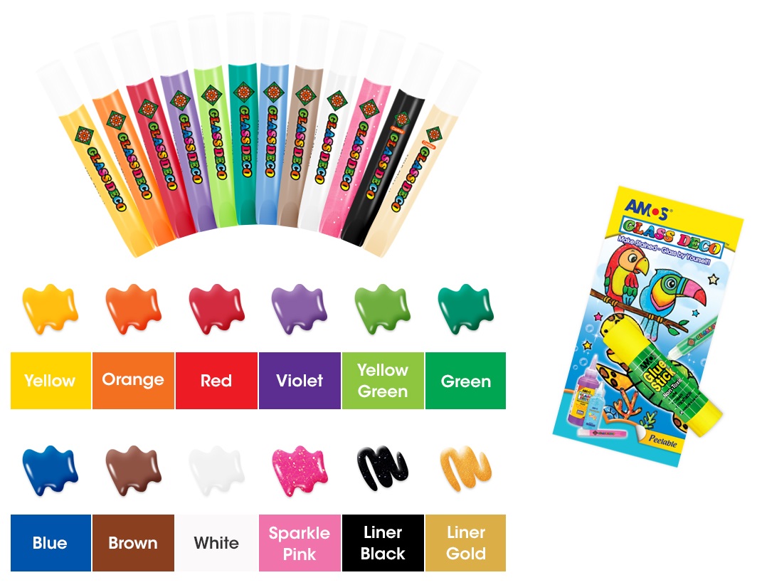 Barvy na sklo sada 12 barev 10,5 ml + fólie a šablony