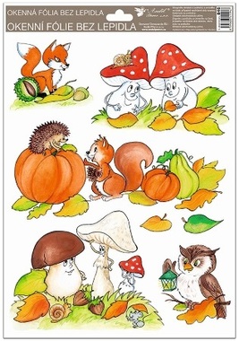Okenní fólie ručně malovaný podzim sovy,veverky,lišky 33,5x26 cm 