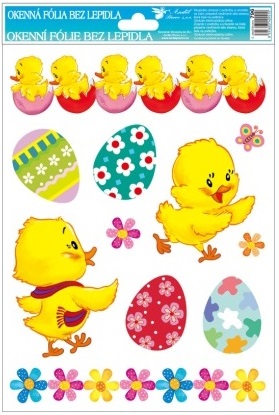 Okenní fólie s glitry velikonoční kuřátka a vejce 27x20cm