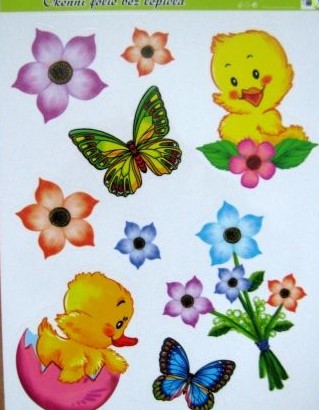 Okenní fólie kuřátka, květiny a motýlci 30x42 cm