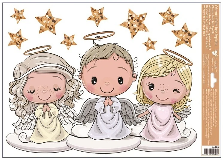 Okenní fólie andílci s glitry na obláčku 30 x 42 cm