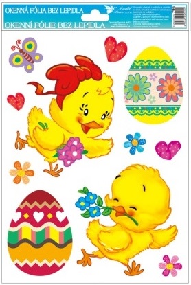 Okenní fólie s glitry velikonoční kuřátka a vejce 27x20cm