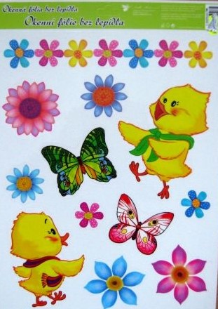 Okenní fólie kuřátka, květiny a motýlci 30x42 cm