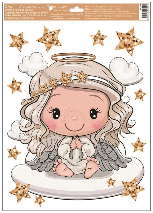 Okenní fólie andílci s glitry na obláčku 30 x 42 cm