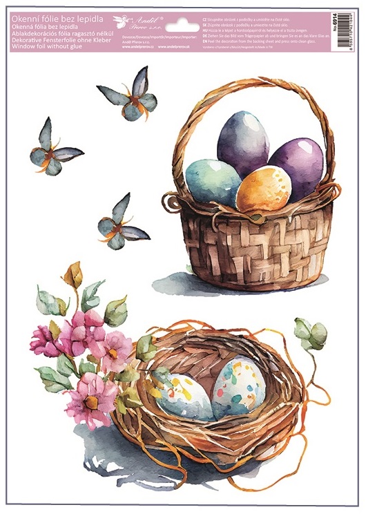 Okenní fólie malované velikonoční košíky s glitry 30 x 42 cm   6914