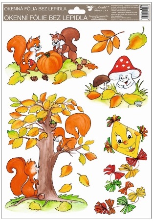Okenní fólie ručně malovaný podzim sovy,veverky,lišky 33,5x26 cm 