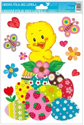 Okenní fólie s glitry velikonoční kuřátka a vejce 27x20cm