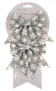 Mašle jutová šedá s bílými vločkami 13 cm, 2 ks 2004