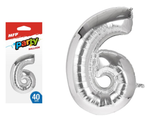 Balónek č. 6 nafukovací fóliový 40 cm - stříbrný