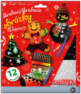 Sada škrabacích obrázků s doplňky 19 x 22 cm - 3 x 4 motivy, Vánoce